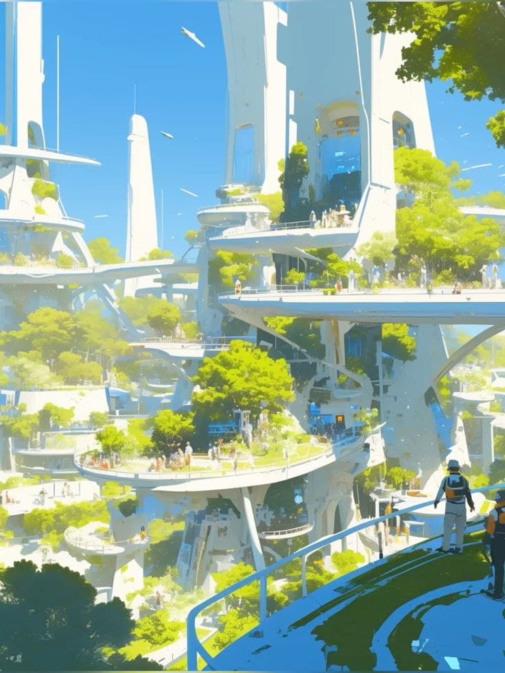 Futuristic green city with elevated walkways
