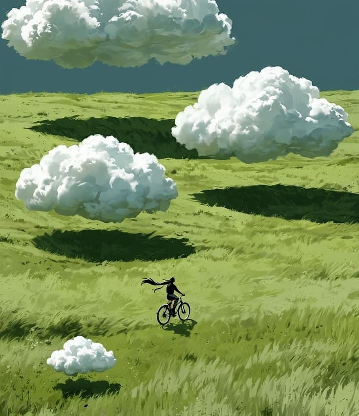 Clouds drifting over a green field with a cyclist